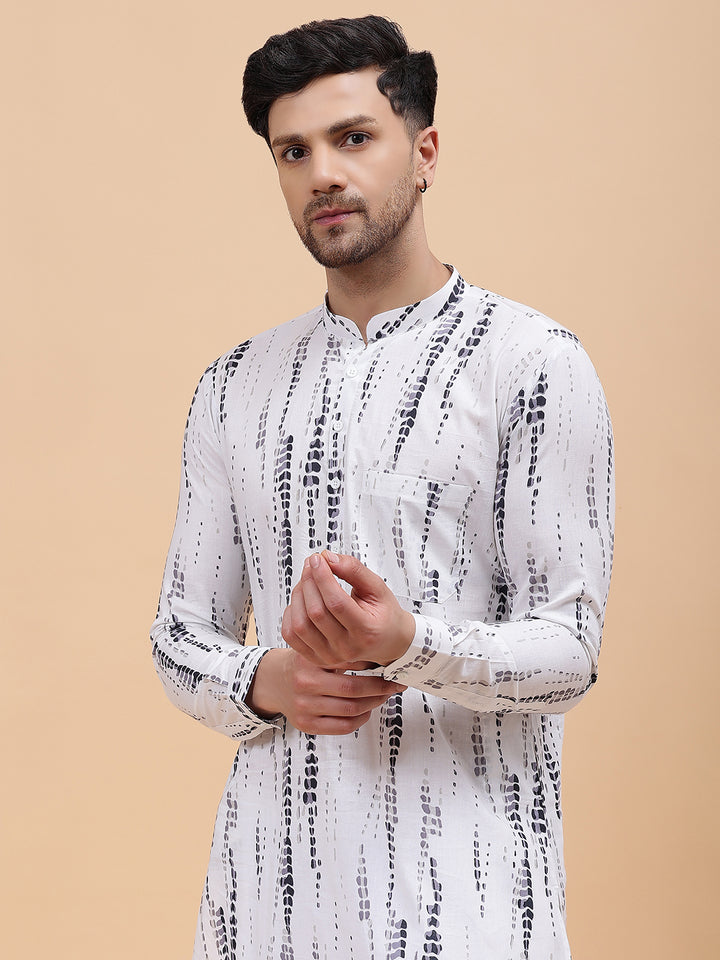 Men White & Grey Pure Cotton Printed Staright Kurta