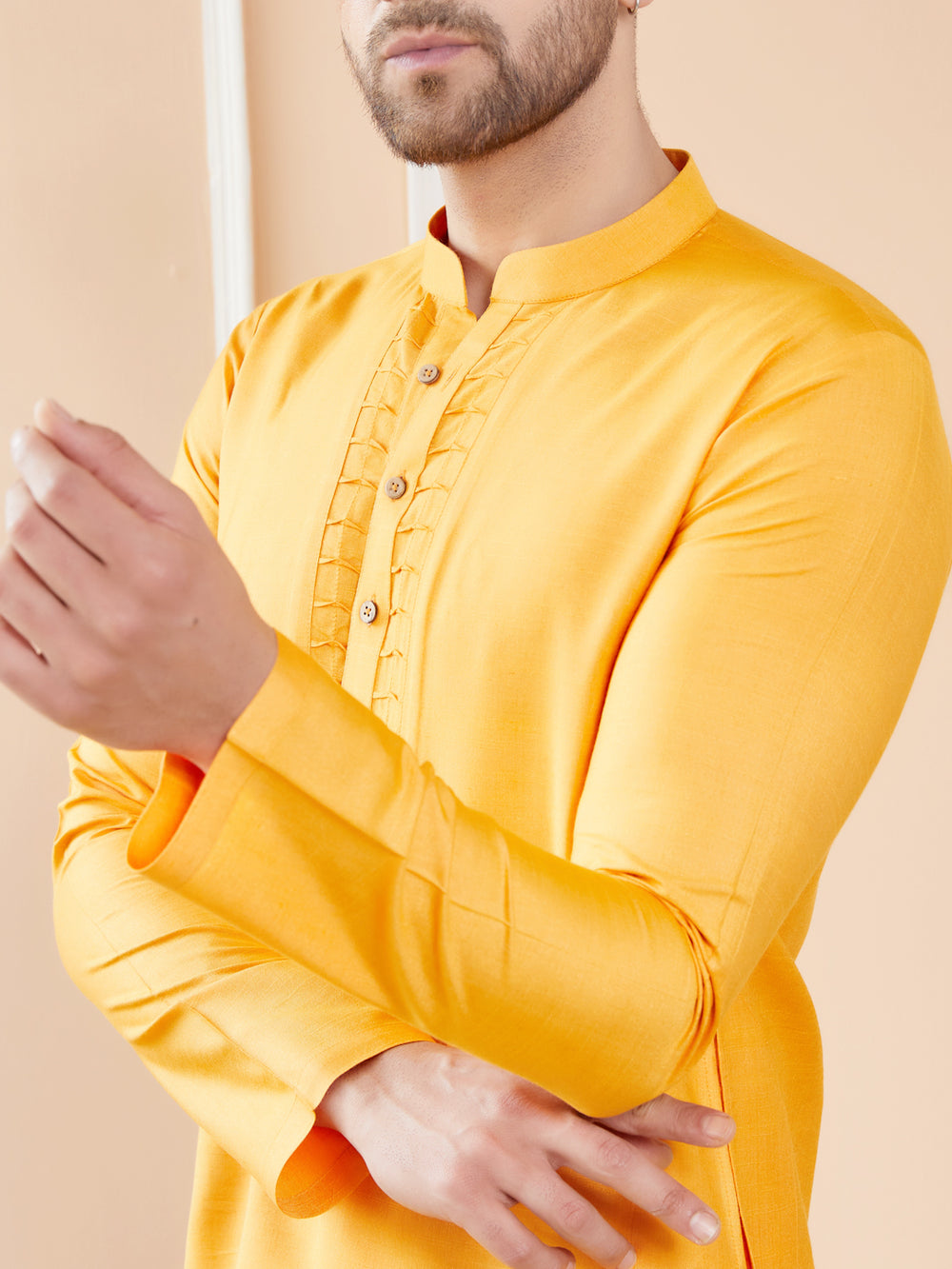 Mustard Raw Silk Straight Kurta with Pintuck Neckline and Pyjama – Mustard