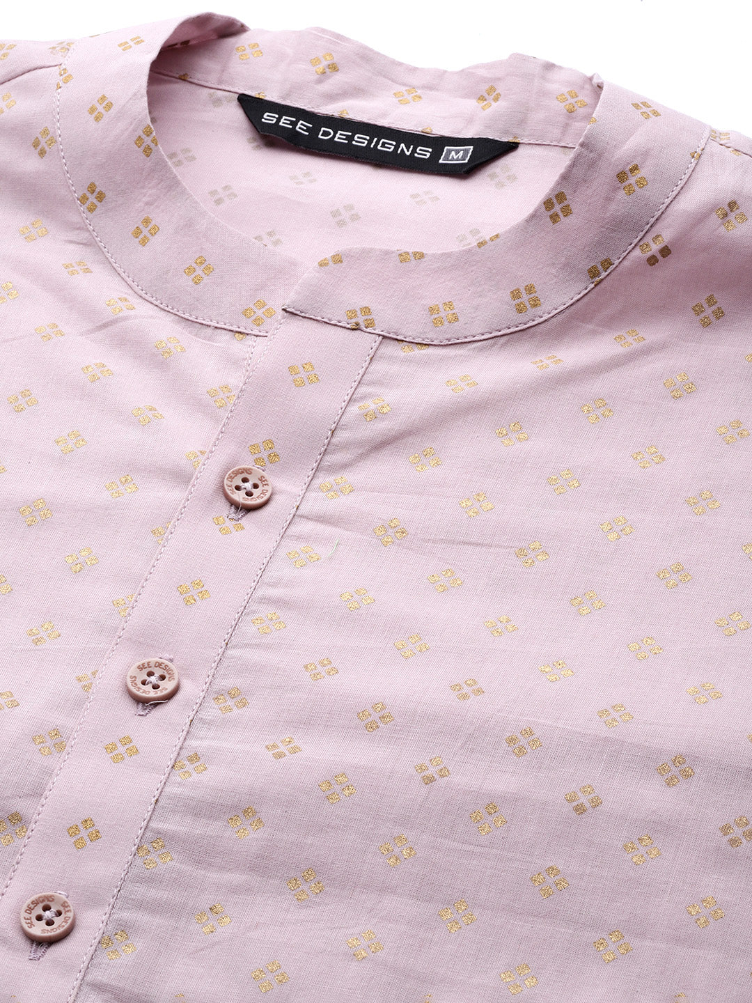 Men Pink and Gold Printed Straight Kurta
