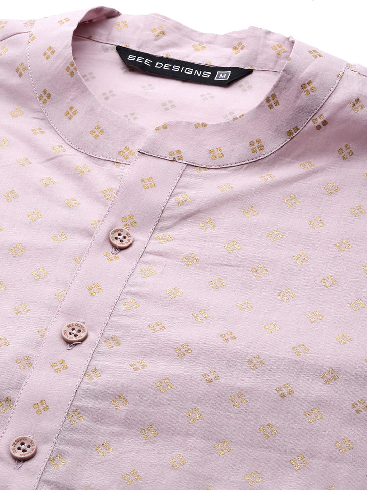 Men Pink and Gold Printed Straight Kurta