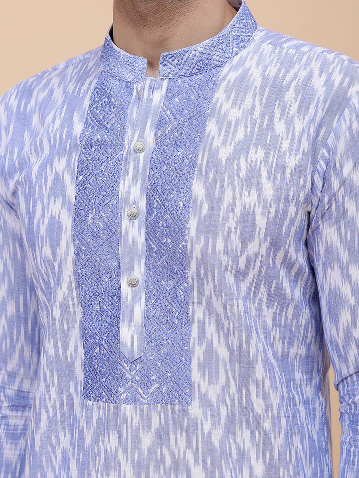 Printed Ikat Pure Cotton Straight Kurta with Embroidered Neck Design