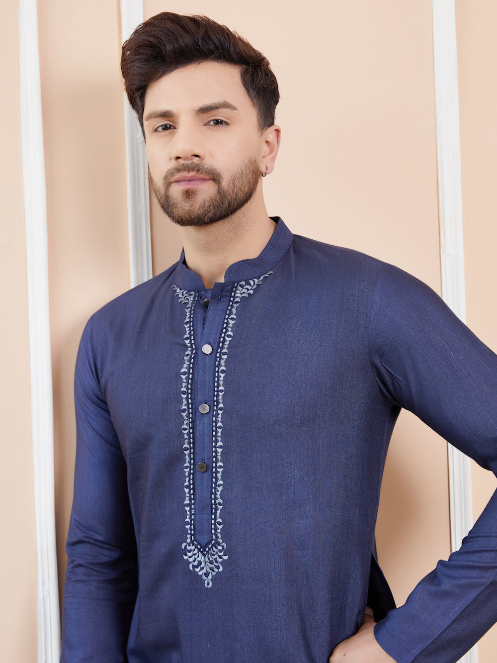 Blue Cotton Solid Straight Kurta with Embroidered Neckline – Blue
