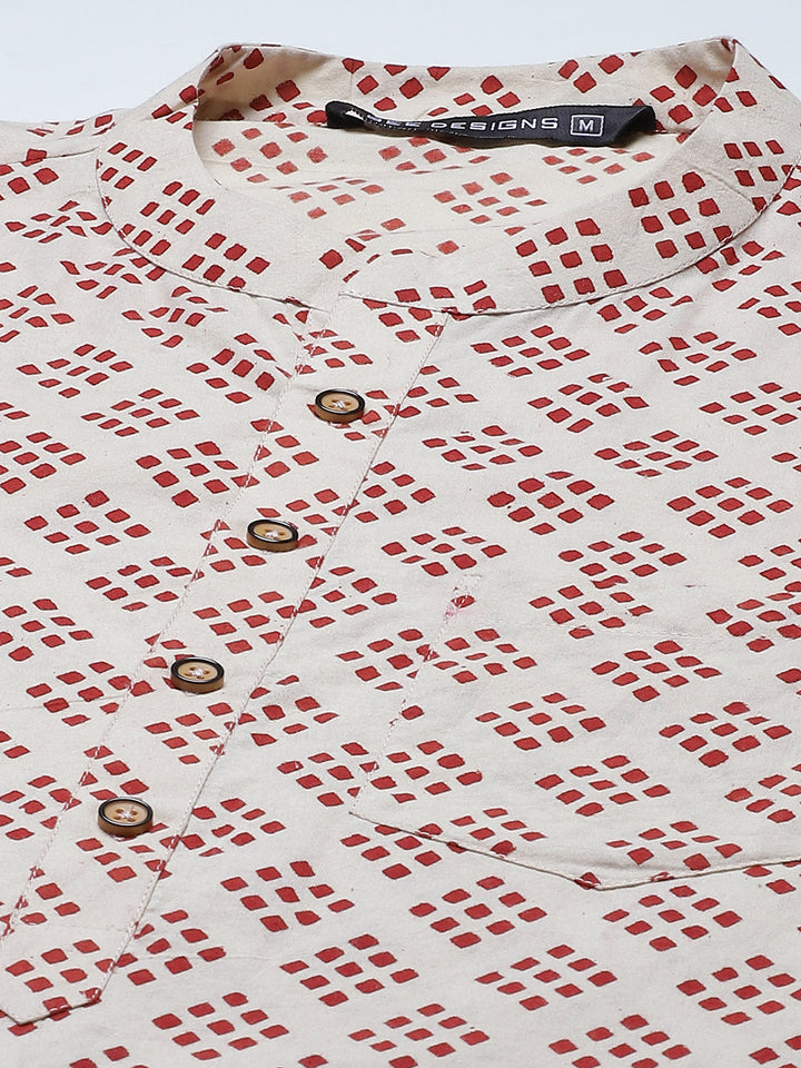 Men Beige And Maroon Hand Block Print Sustainable Straight Kurta