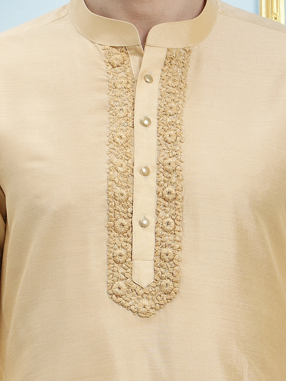 Solid Pure Cotton Straight Kurta with Embroidered Neck Design and Pyjama – Gold
