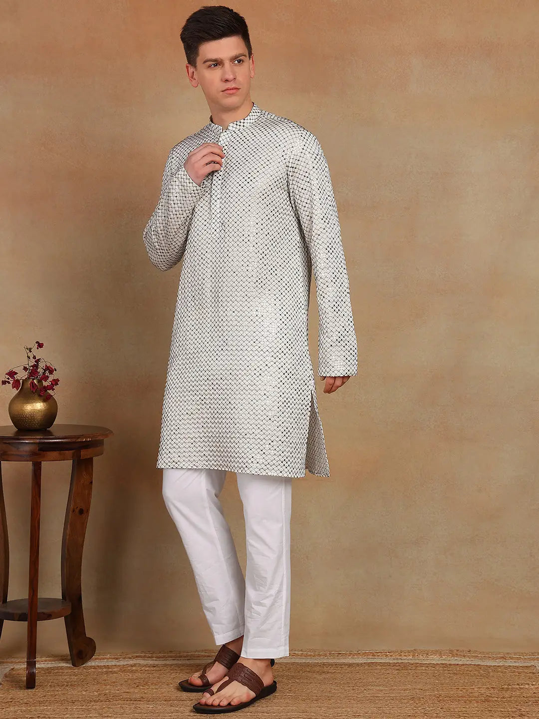 Men White Sequins Leaf Straight Kurta with Pyjama – White