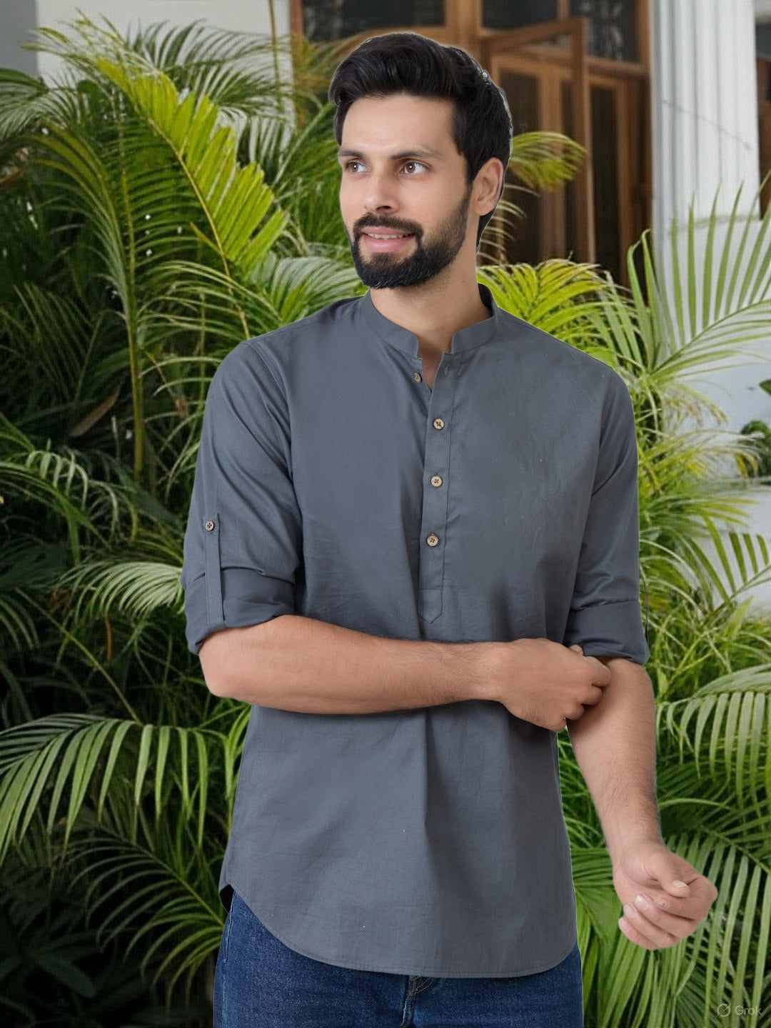 Men Pack of 2 Olive & Grey Cotton Solid Short Kurta