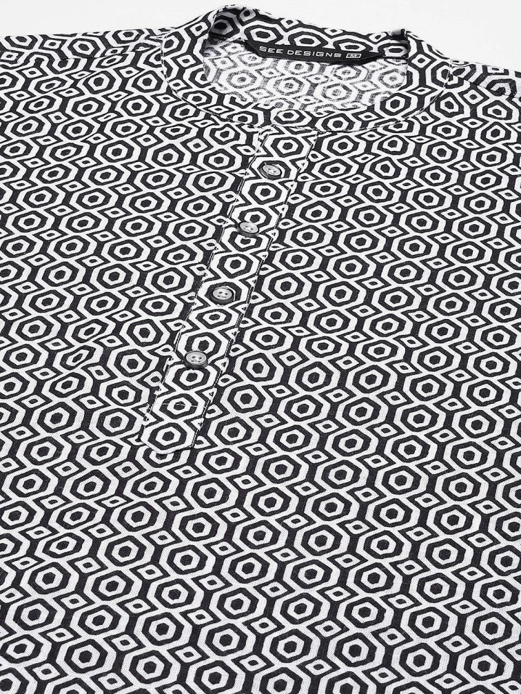 Men Navy Blue-Coloured And White Printed Pure Cotton Straight Kurta With Pyjama