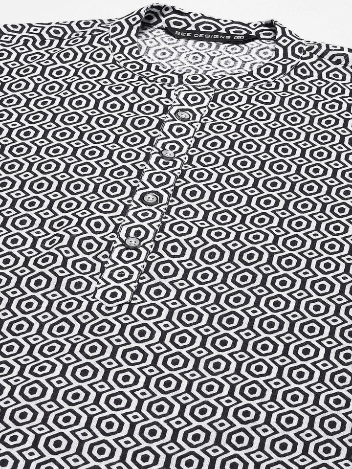 Men Navy Blue-Coloured And White Printed Pure Cotton Straight Kurta With Pyjama