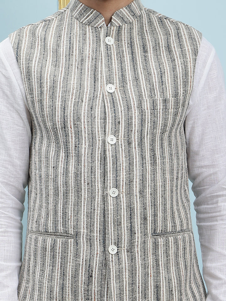 Pure Cotton Straight Kurta & Pyjama with Handwoven Pure Cotton Nehru Jacket