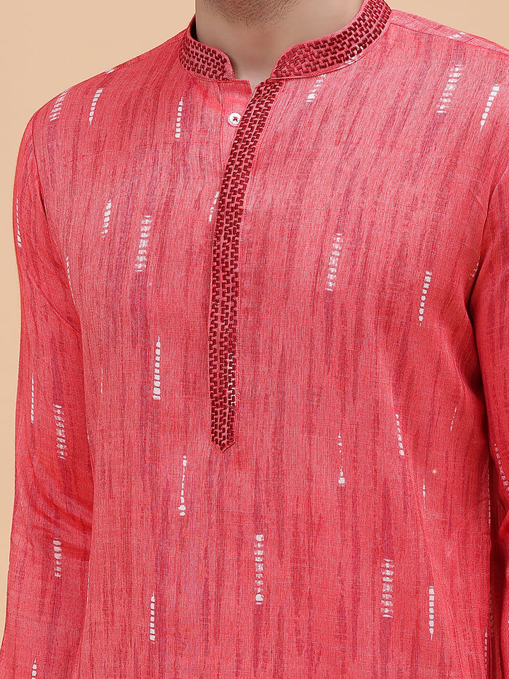 Men Pink & White Silk Woven Design Straight Kurta