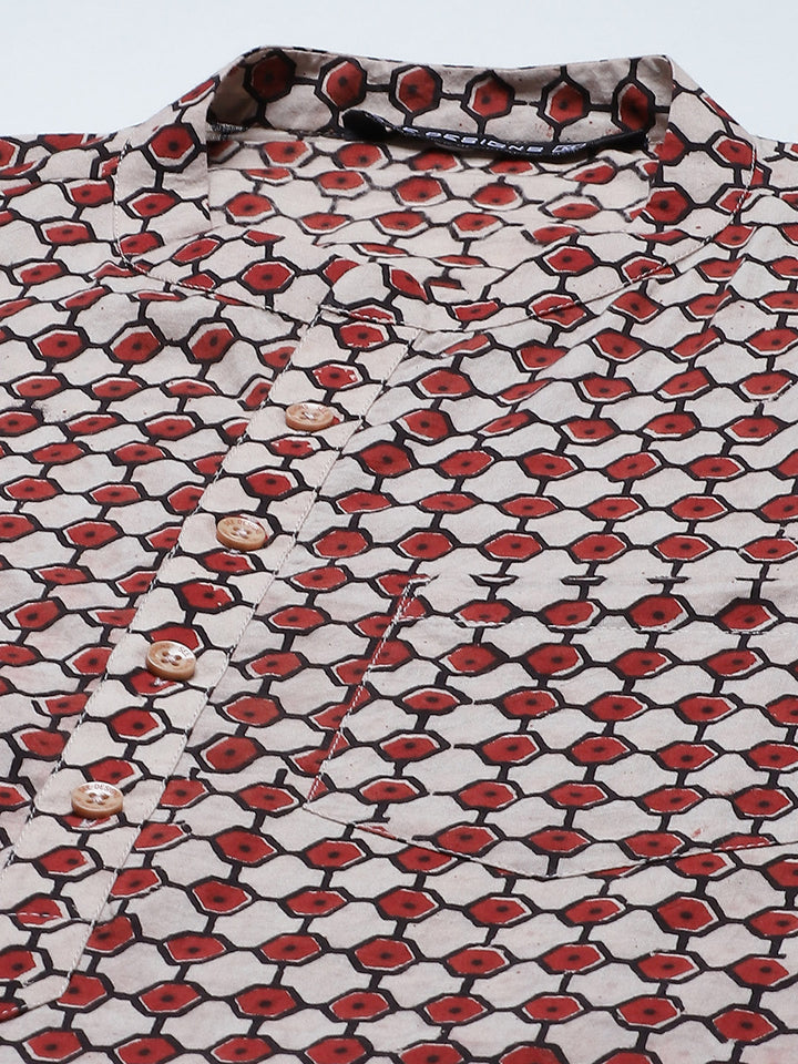 Men Beige And Maroon Hand Block Print Sustainable Straight With Kurta Pyjama