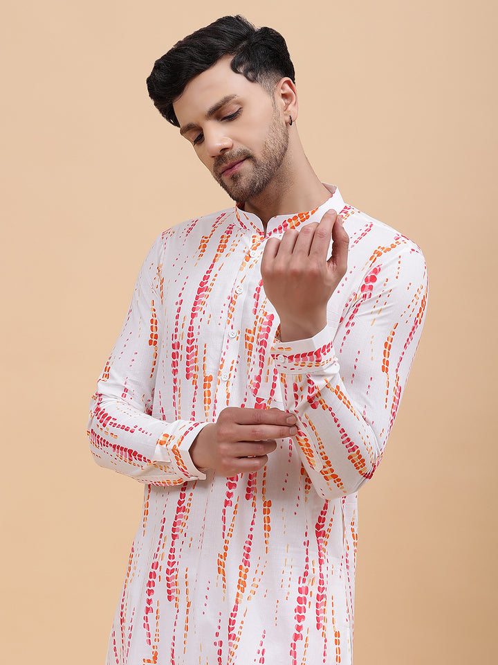 Men White & Pink Pure Cotton Printed Staright Kurta