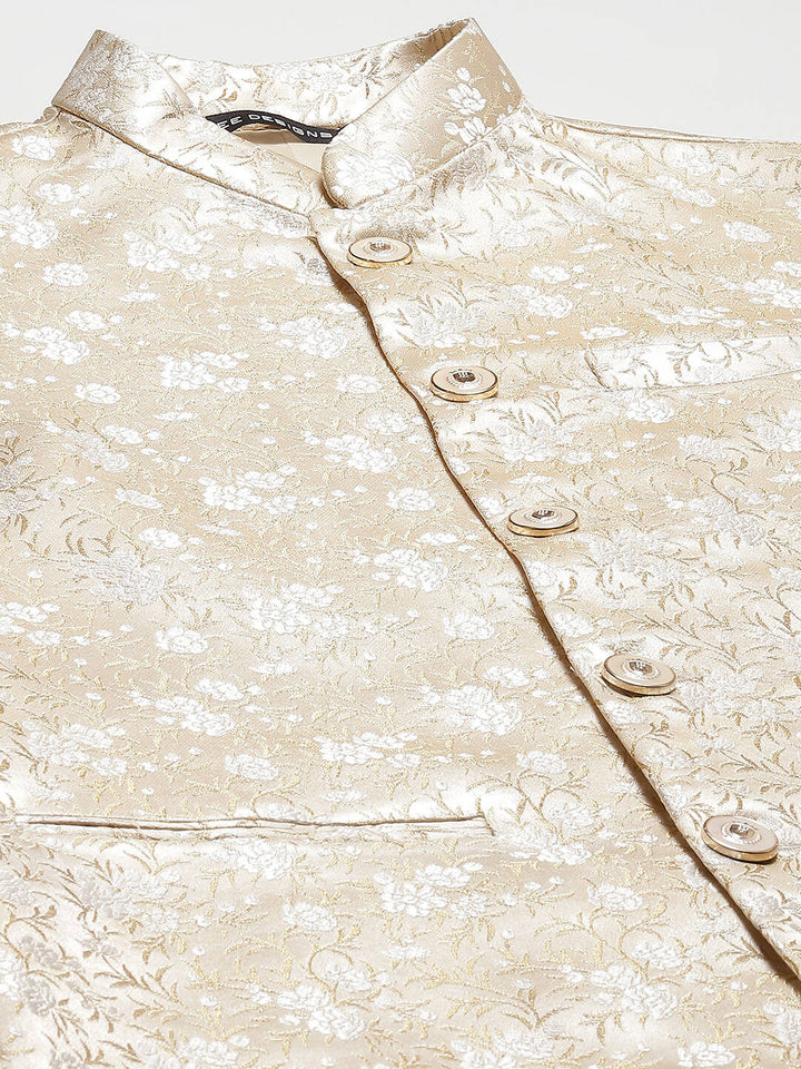 Men Gold & White Woven Jacquard Nehru jacket