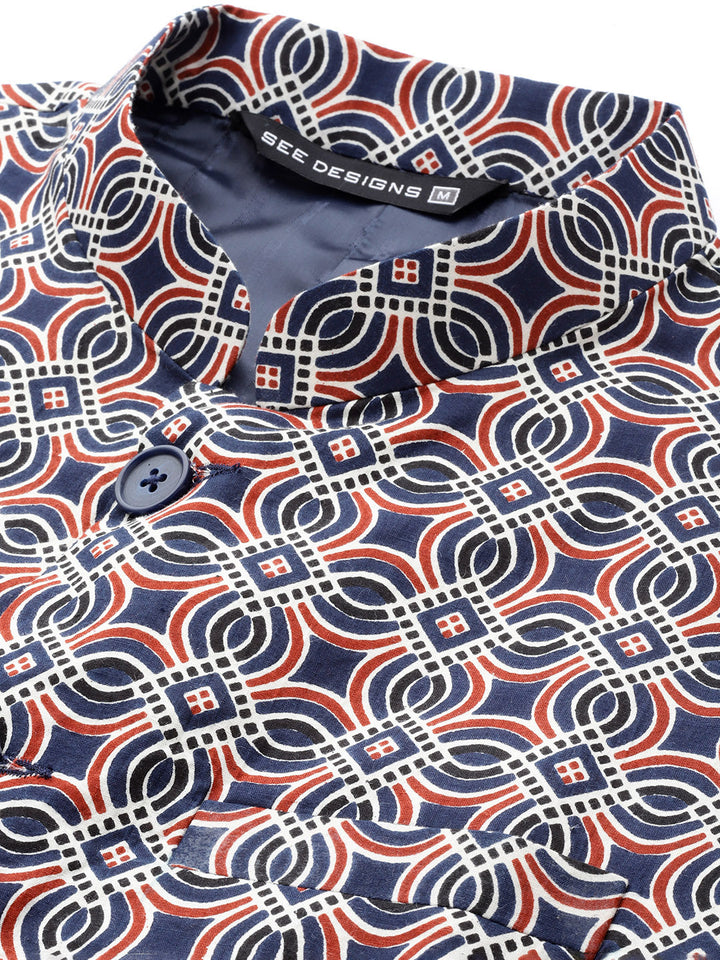 Men Blue And Maroon Printed Pure Cotton Kurta Pajama With Nehru jacket