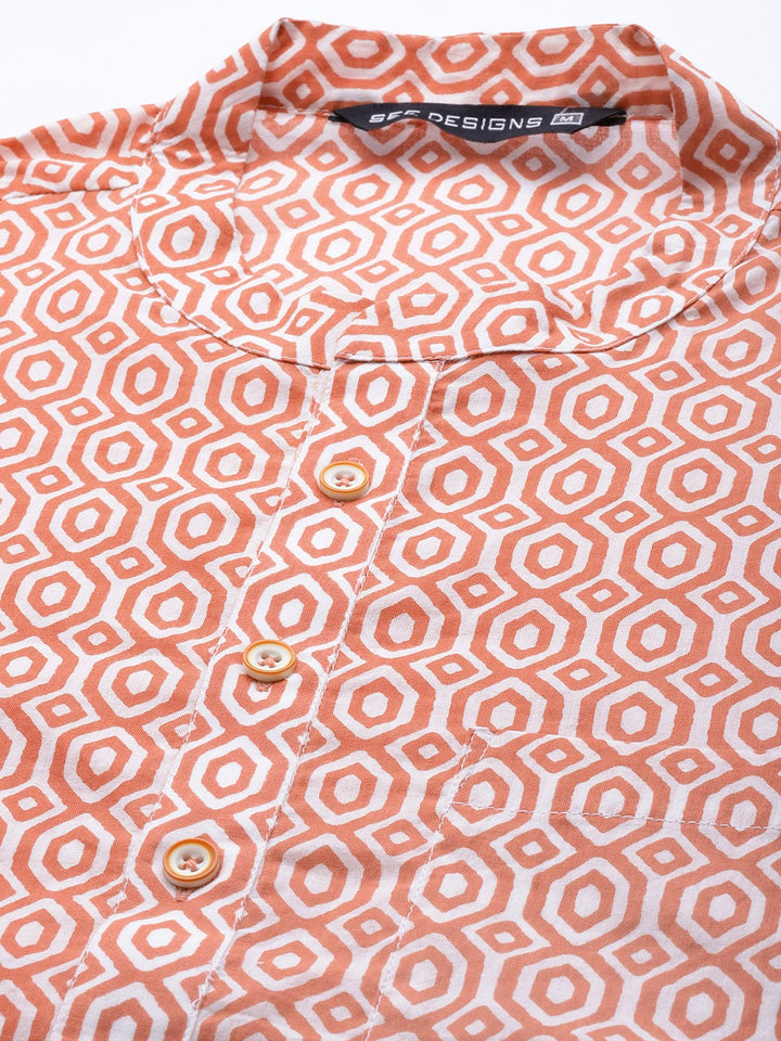 Men Peach And White Printed Straight Kurta