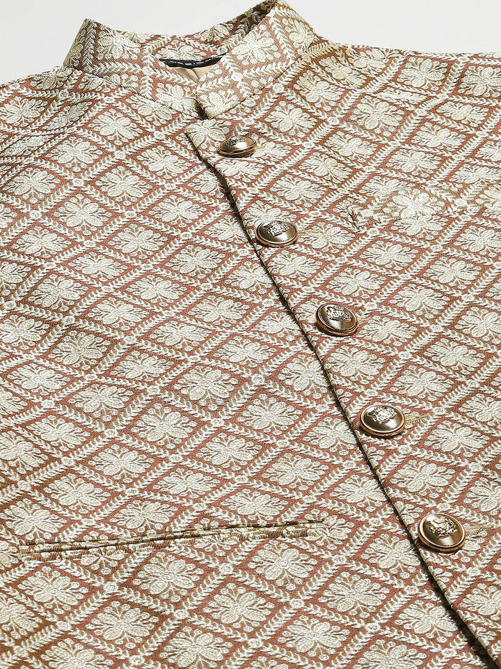 Men Gold & White Woven Jacquard Nehru jacket