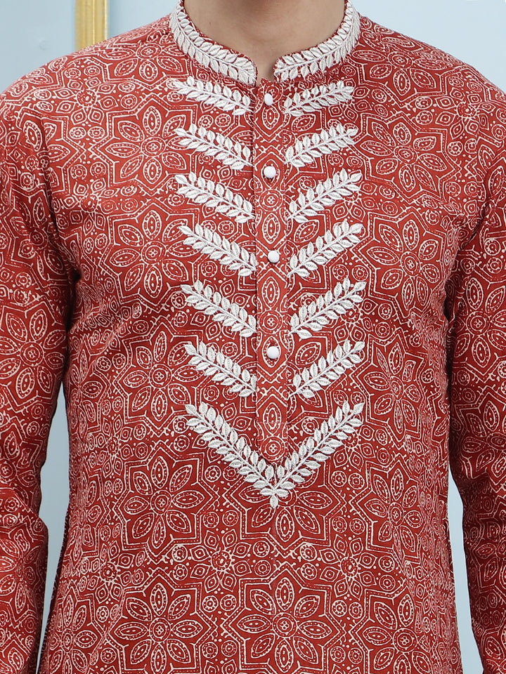 Printed Pure Cotton Straight Kurta with Embroidered Neck Design