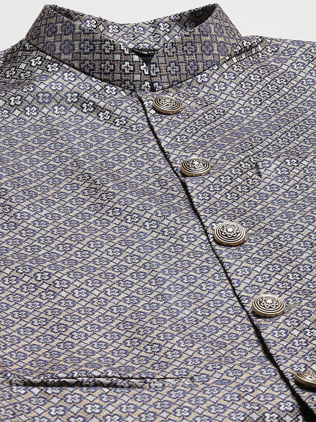 Men Blue & White Woven Jacquard Nehru jacket