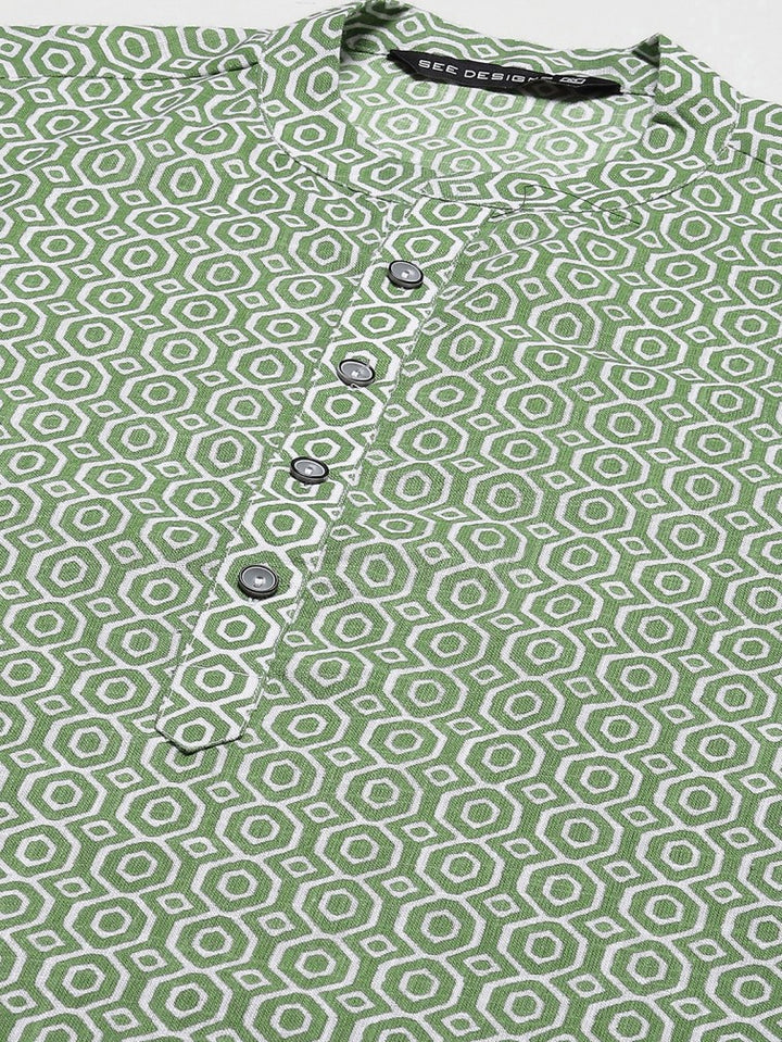 Men Green-Coloured And White Printed Pure Cotton Straight Kurta With Pyjama