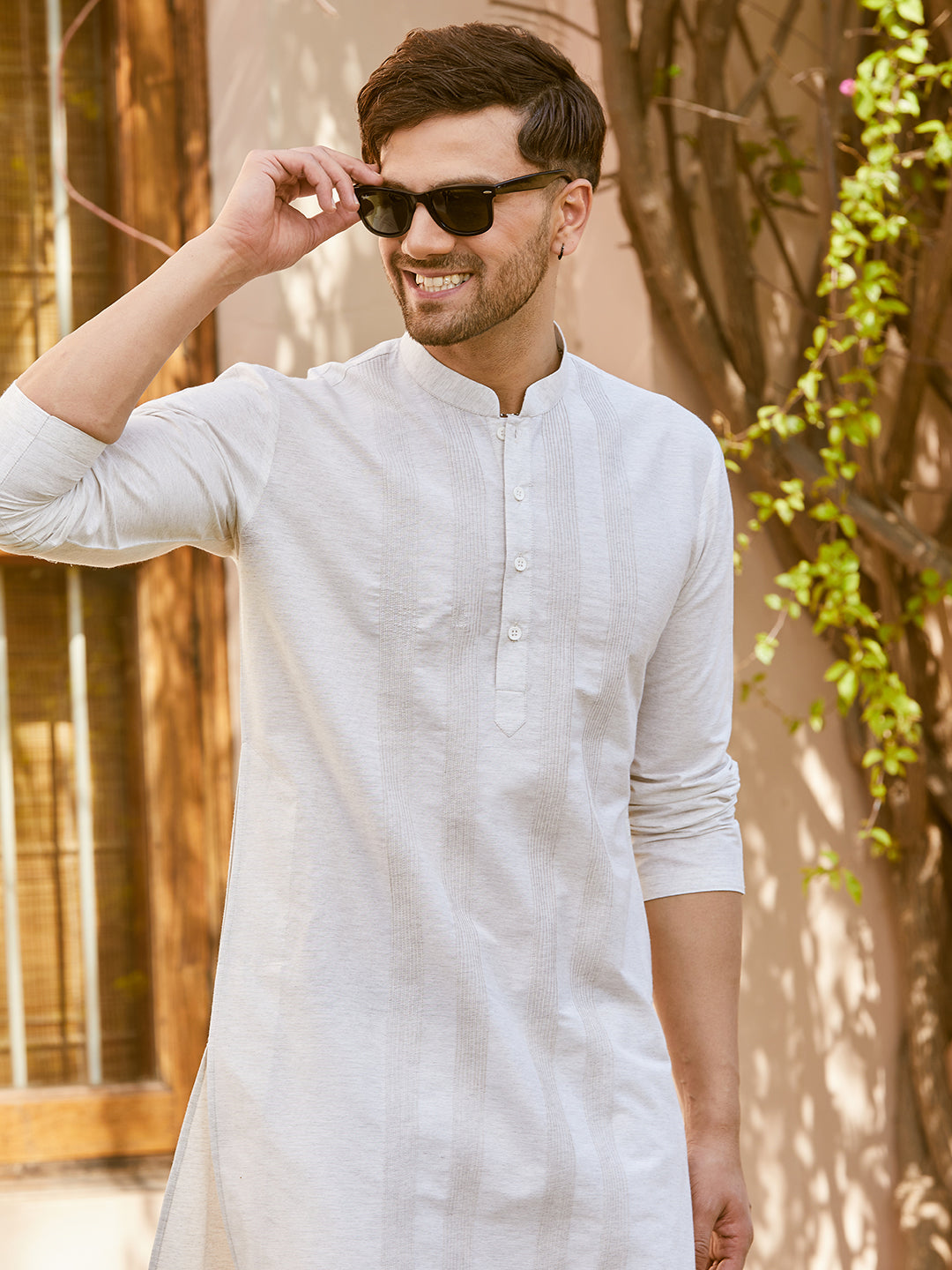 Pintuck Cotton Silk Straight Kurta with Pyjama