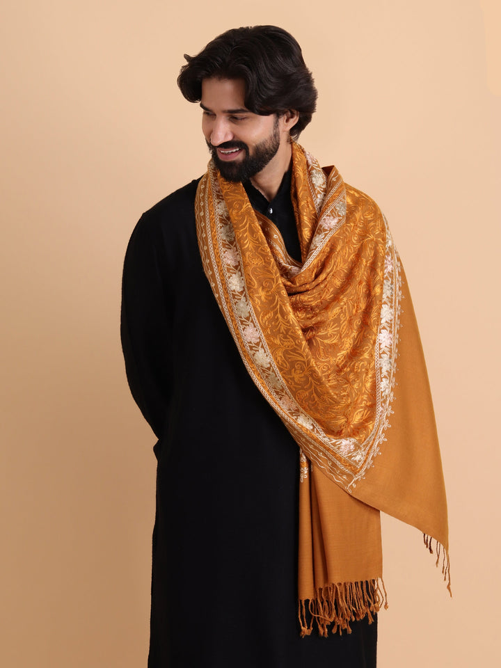 Tweedle Men's Acro Wool Kashmiri Embroidery Stole, Mustard, Size - 28 x 80 inches