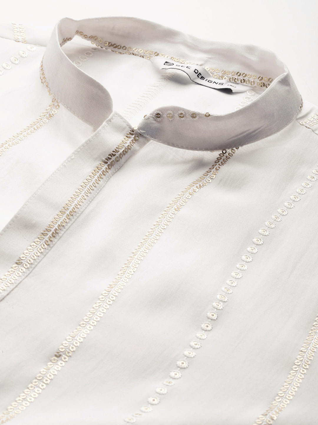 Men's Off-White Sequined & Embroidered Chanderi Silk Straight Kurta