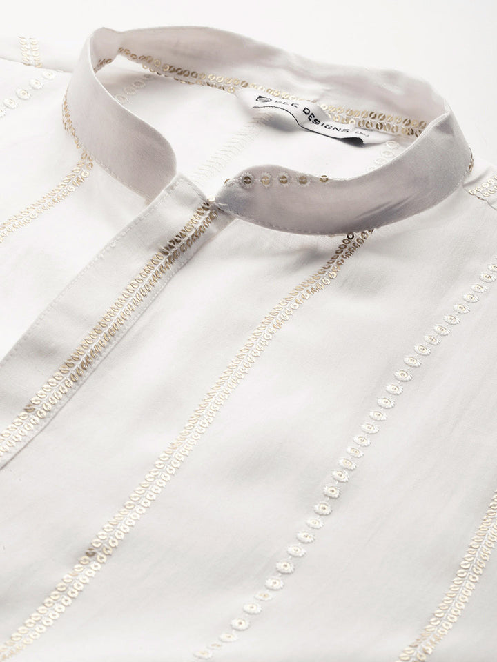 Men's Off-White Sequined & Embroidered Chanderi Silk Straight Kurta