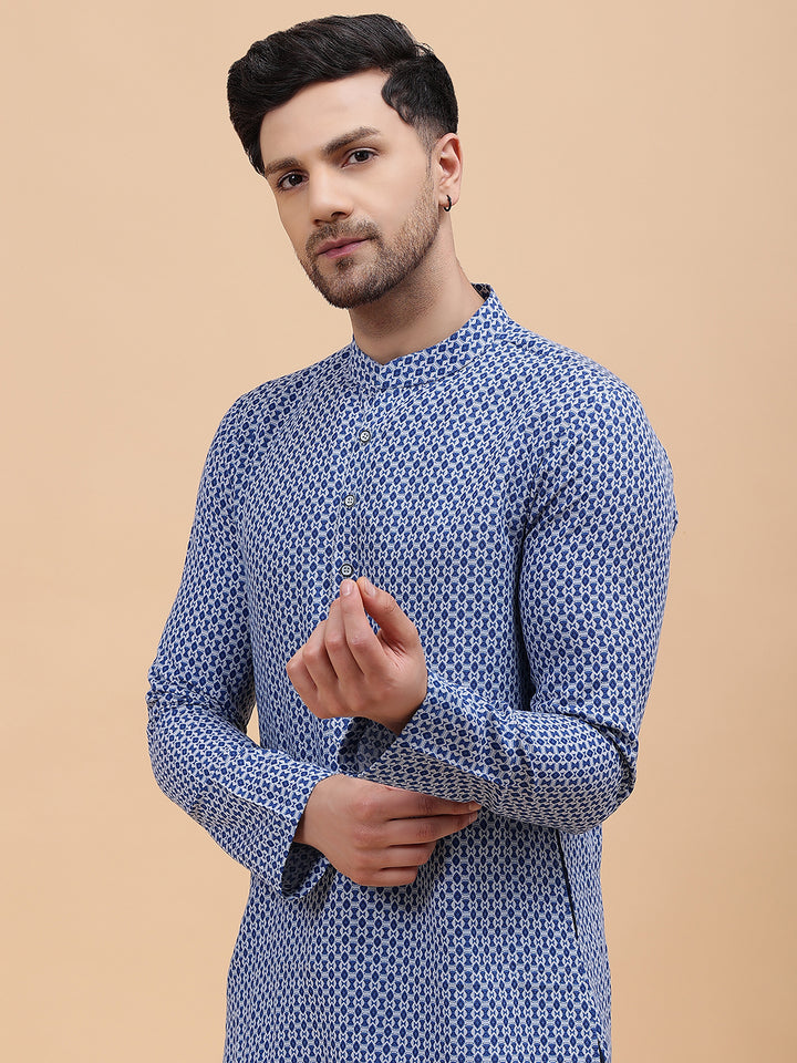 Men Blue & Grey Pure Cotton Printed Straight Kurta