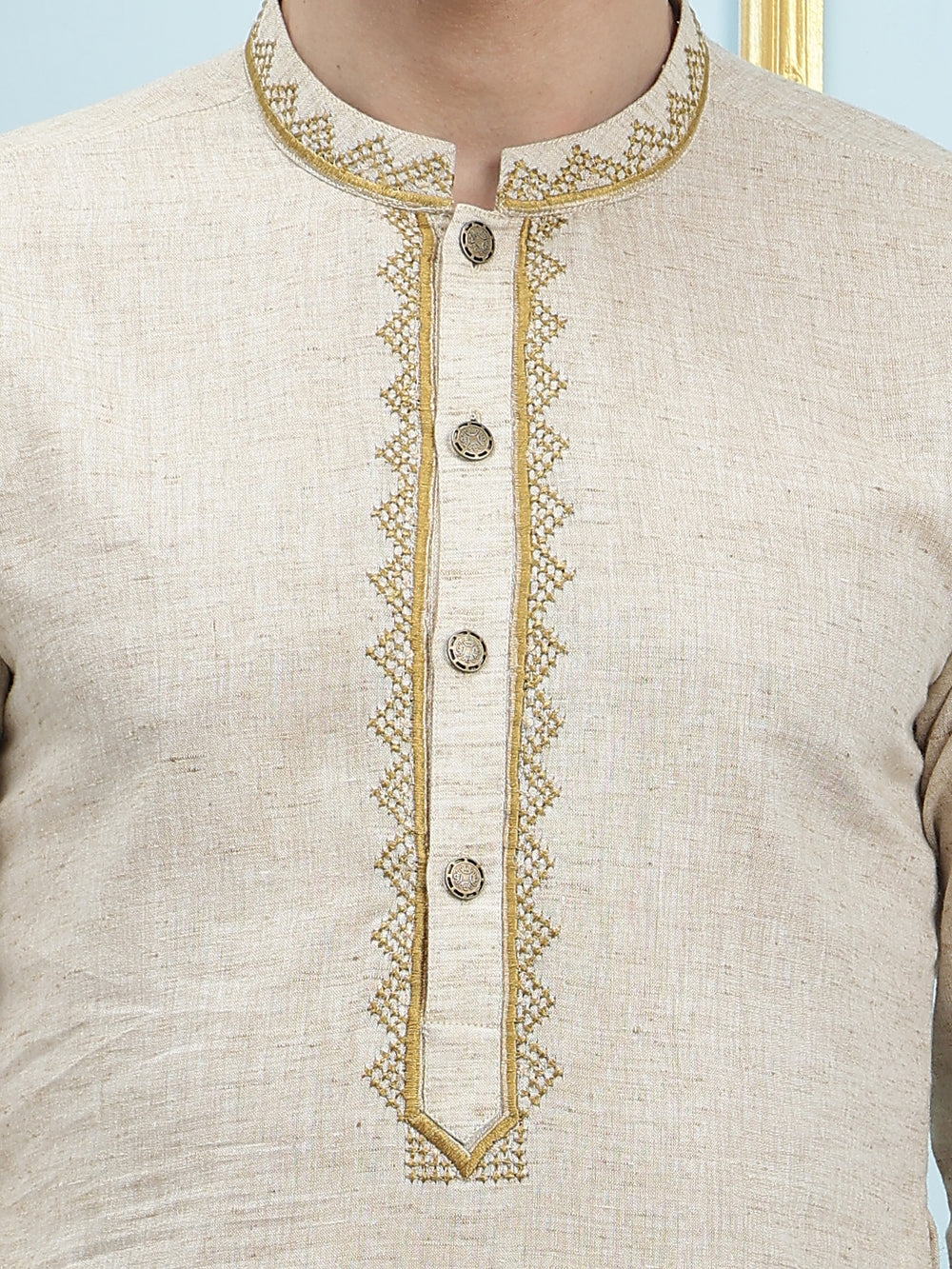 Solid Pure Cotton Straight Kurta with Embroidered Neck Design and Pyjama – Cream