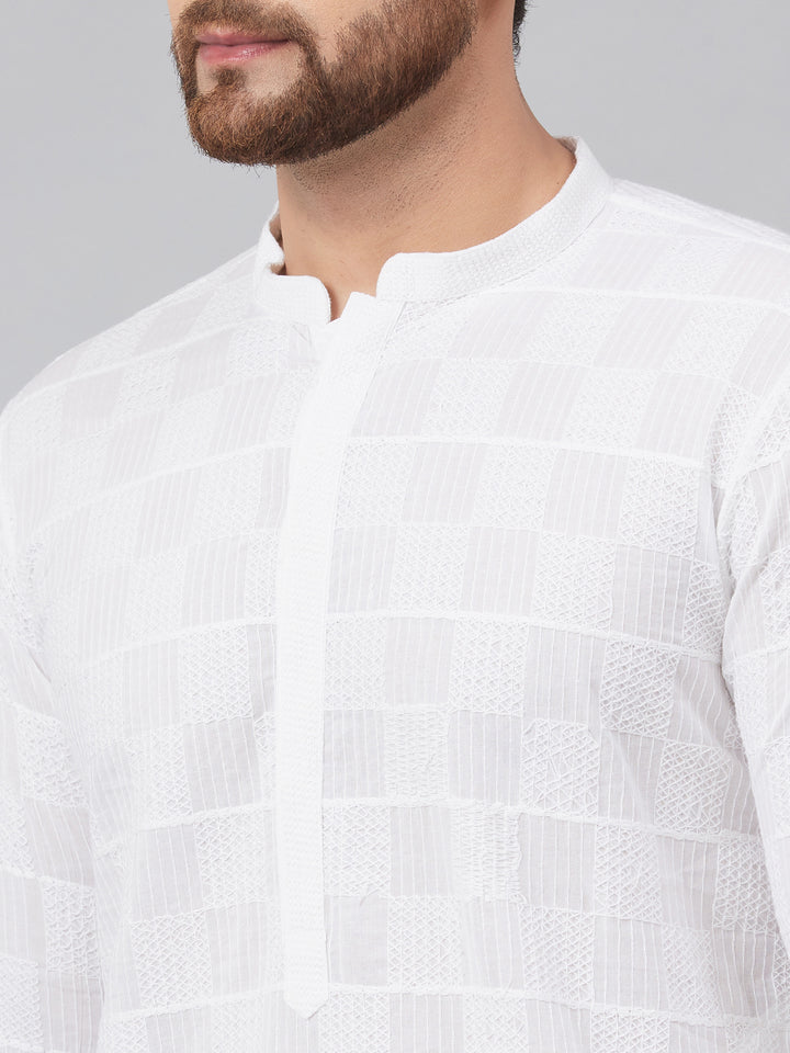 White Green Chikankari Embroidered Woven Design Straight Kurta With Pyjama