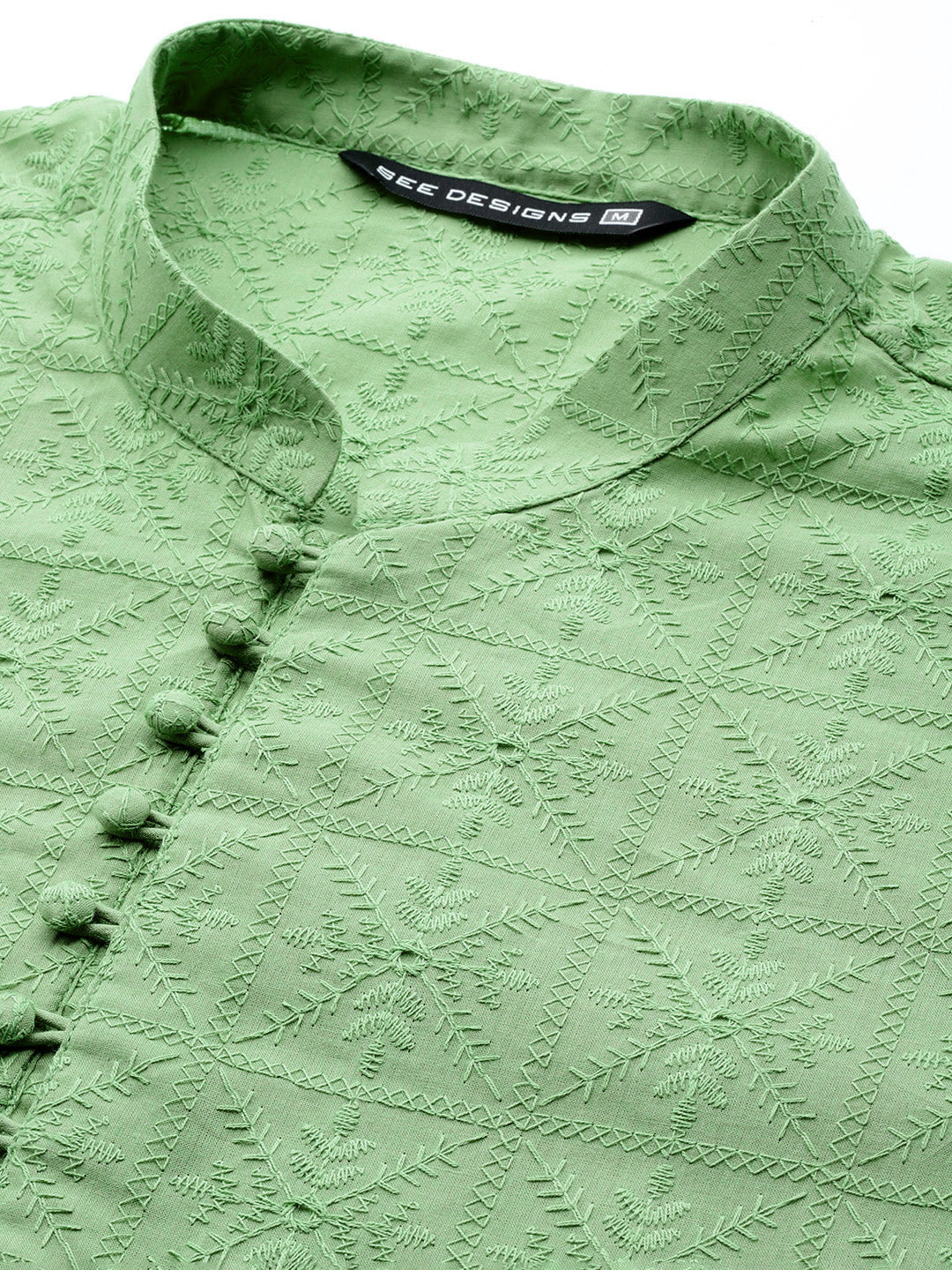 Men Green Pure Cotton Chikankari Embroidered Straight Kurta