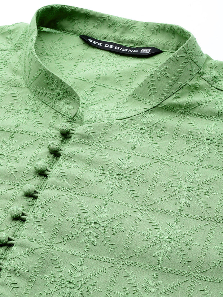 Men Green Pure Cotton Chikankari Embroidered Straight Kurta