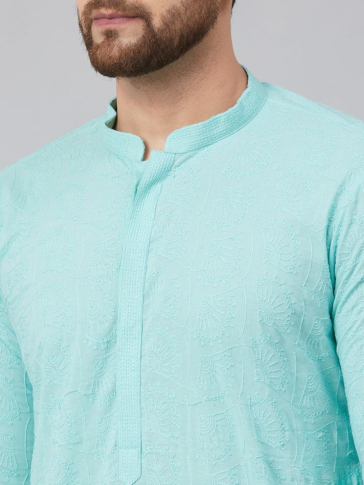 Men Turquoise Blue Chikankari Embroidered Woven Design Straight Kurta