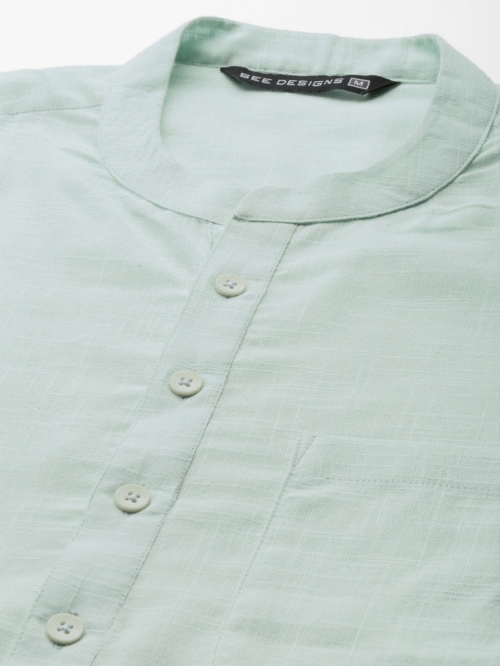Men Sky Blue Cotton Slub Straight Kurta with Pyjama