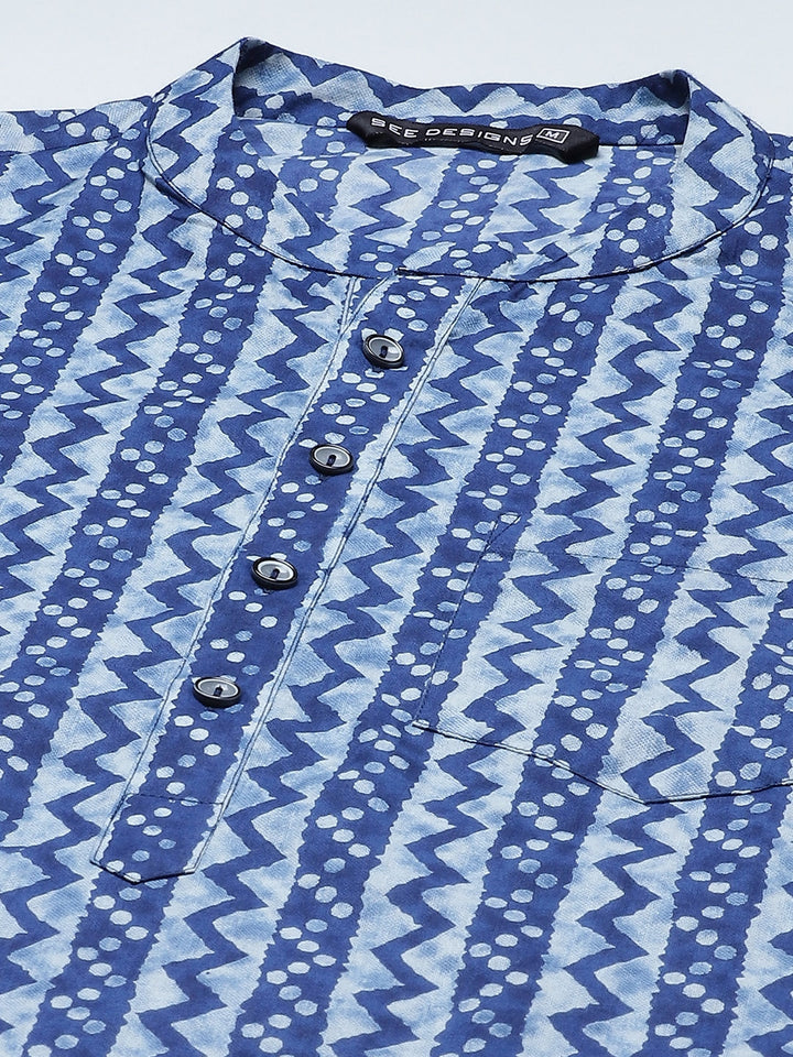 Men Blue Pure Cotton Printed Regular Kurta with Trouser
