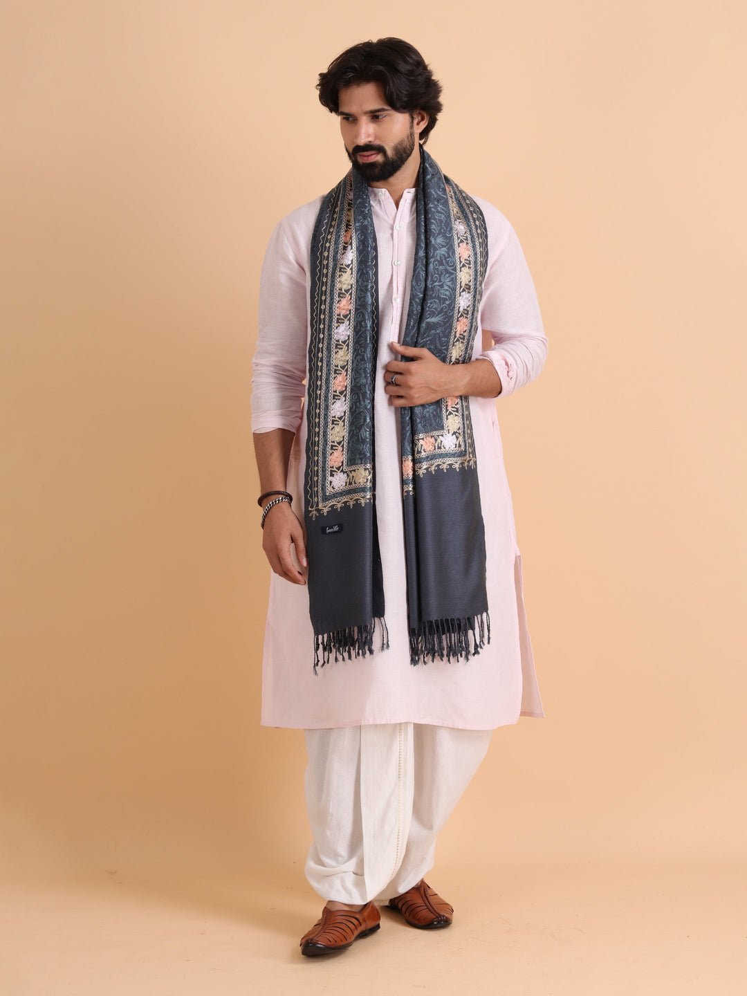 Tweedle Men's Acro Wool Kashmiri Embroidery Stole, Grey, Size - 28 x 80 inches