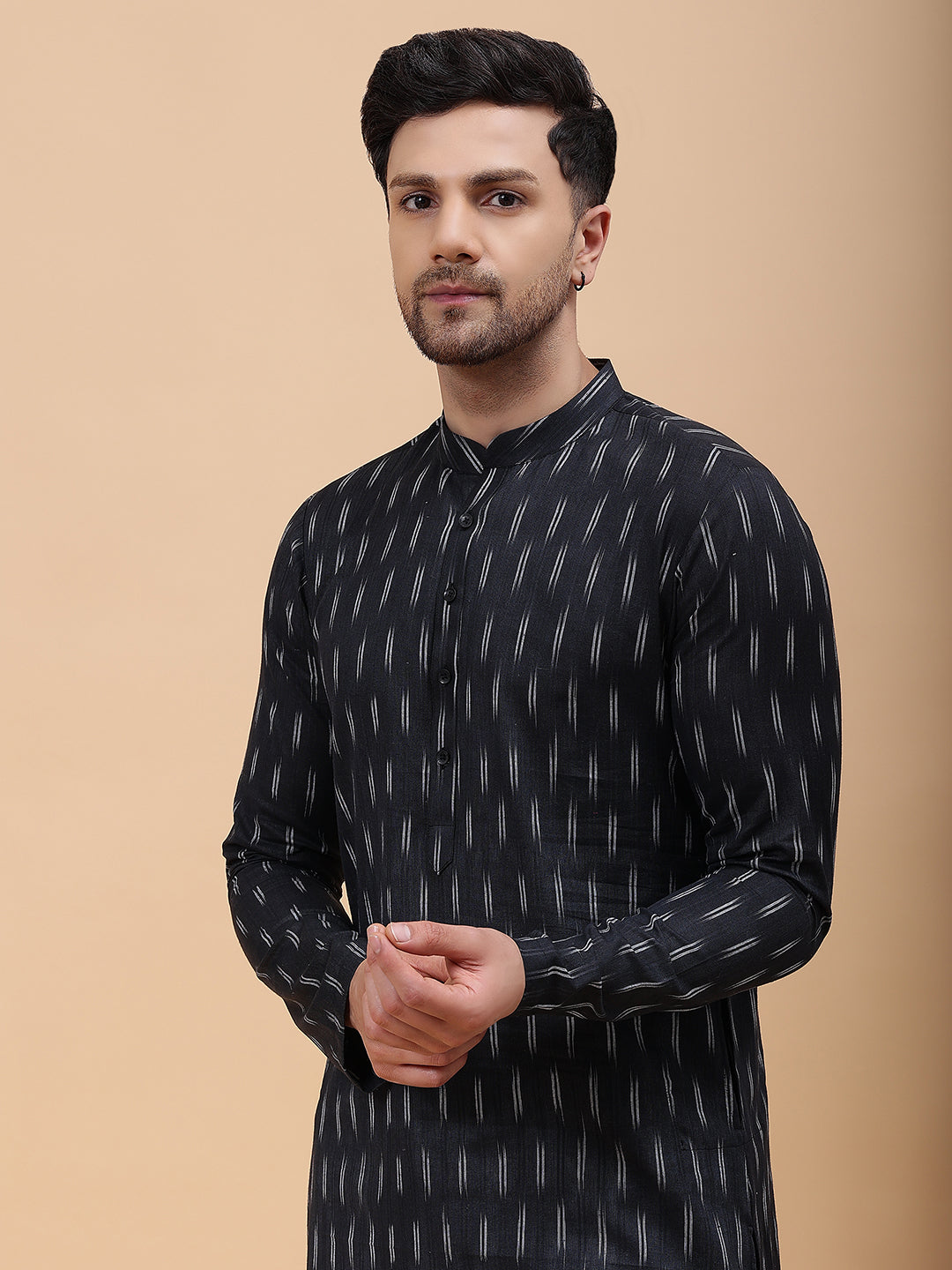 Men Black & White Pure Cotton Printed Staright Kurta