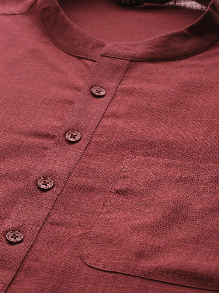 Men Maroon Cotton Slub Straight Kurta with Pyjama