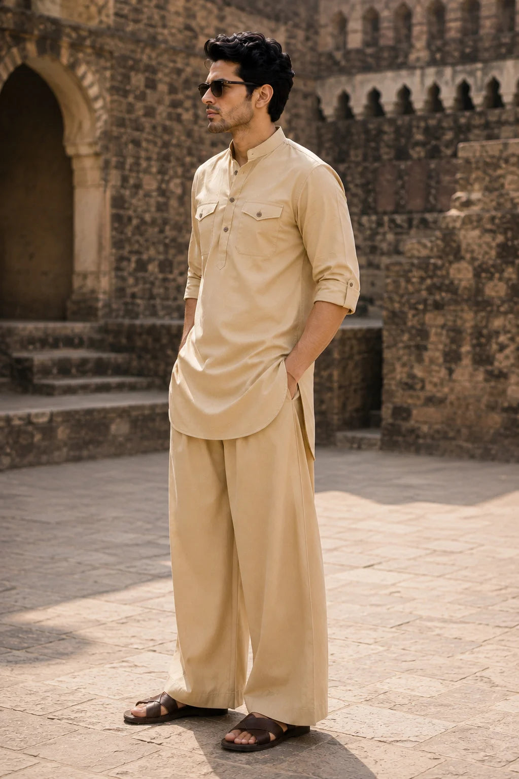 Men's Beige Rayon Solid Pathani Set