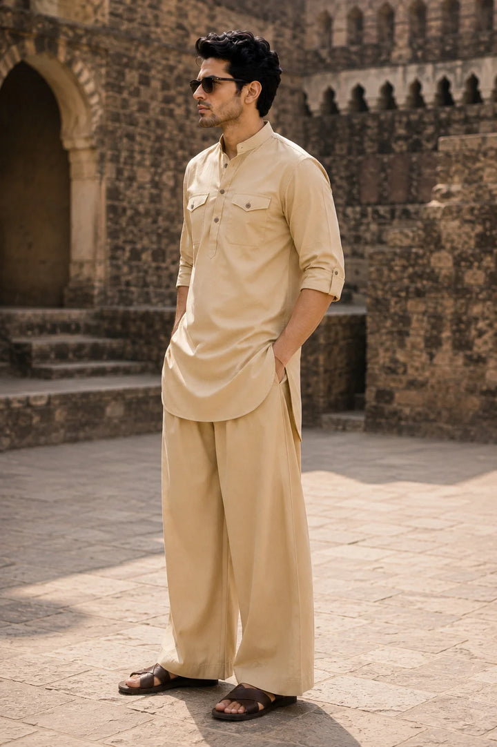Men's Beige Rayon Solid Pathani Set