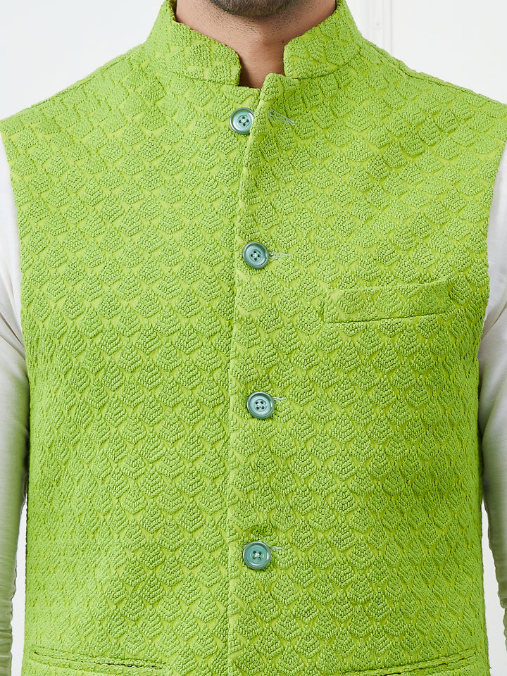 Pure Cotton Straight Kurta & Pyjama with Embroidered Nehru Jacket