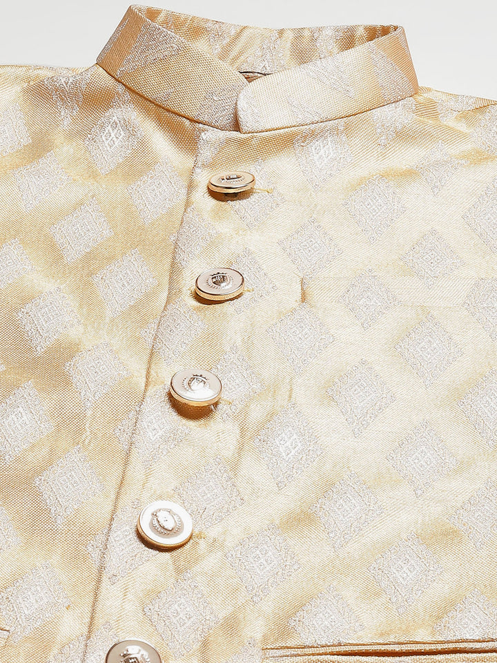 Men Gold & White Woven Jacquard Nehru jacket