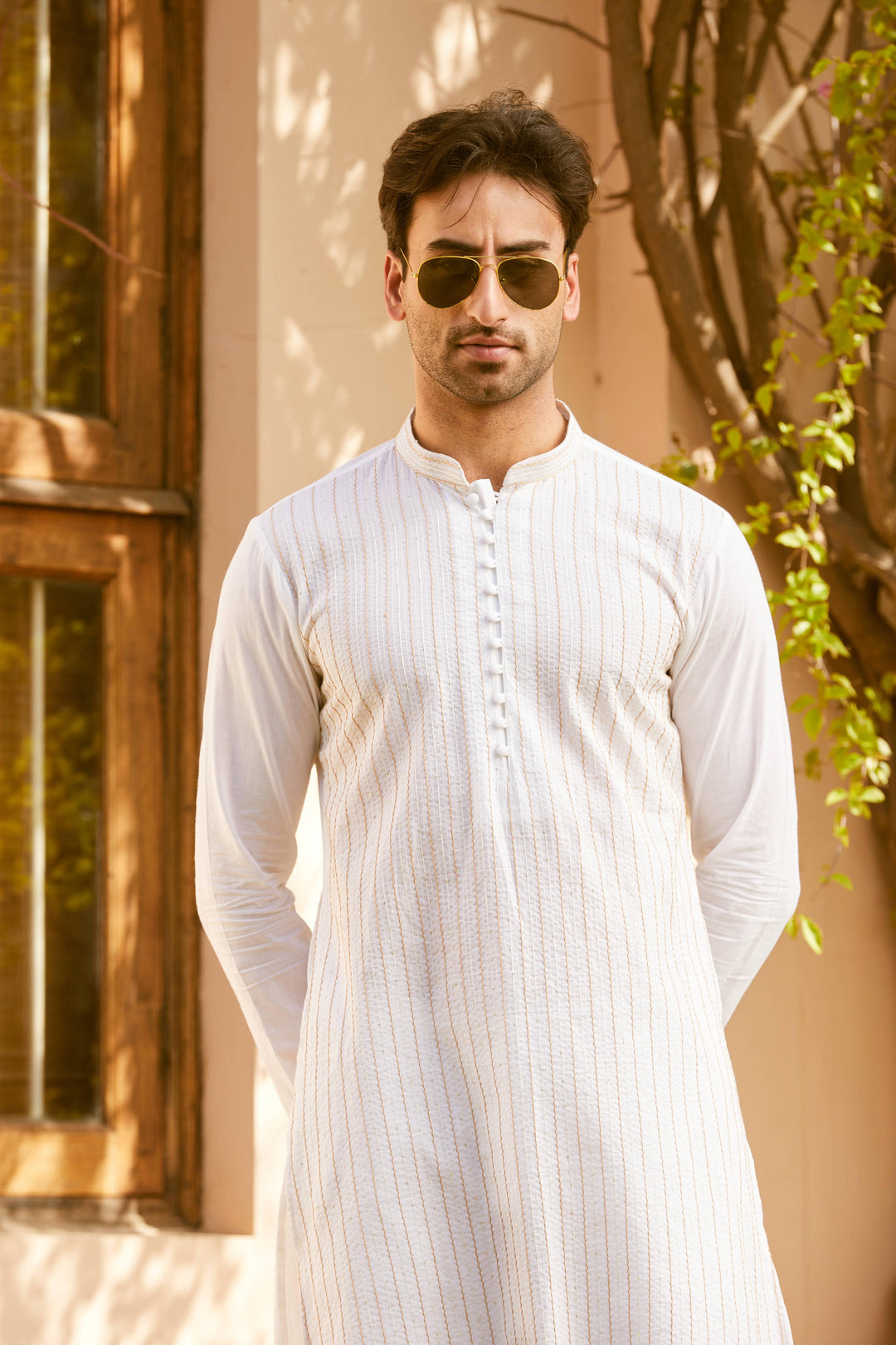 Pintuck with Thread work Pure Cotton Straight Kurta with Pyjama