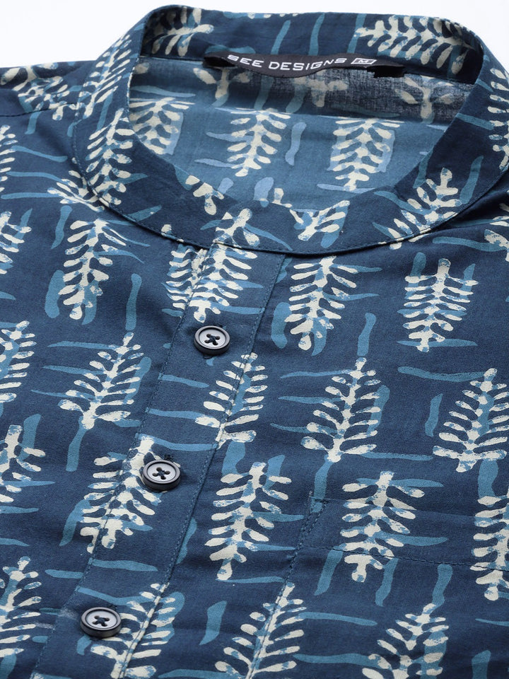 Men Blue & Beige Printed Straight Kurta With Pyjama