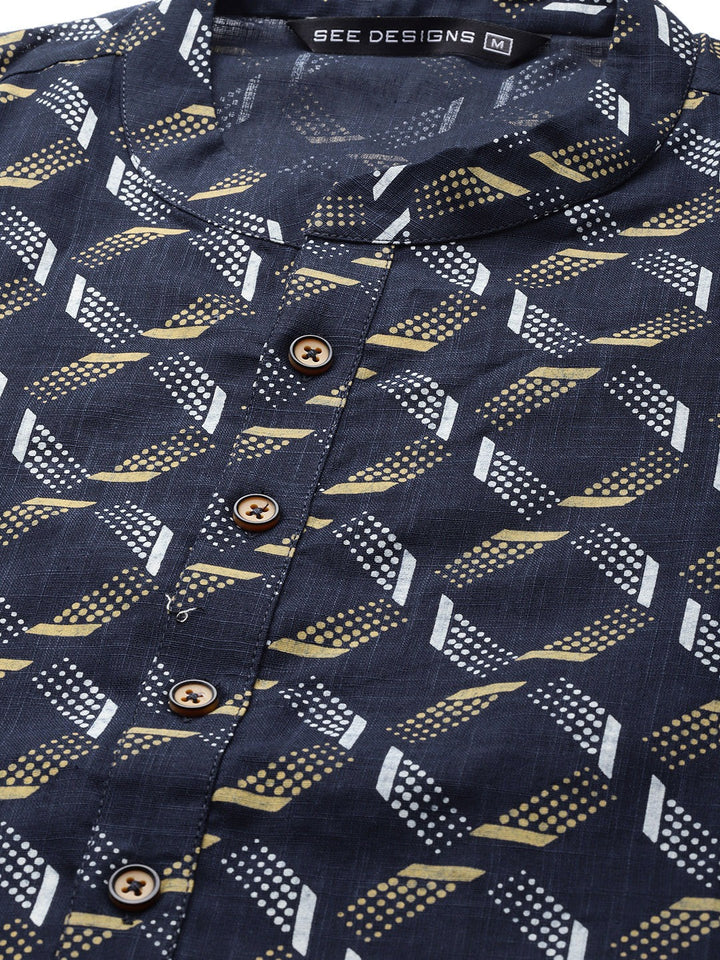 Men Navy Blue & Gold Printed Straight Kurta