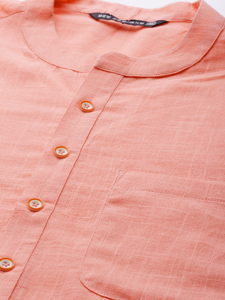 Men Peach Cotton Slub Straight Kurta with Pyjama