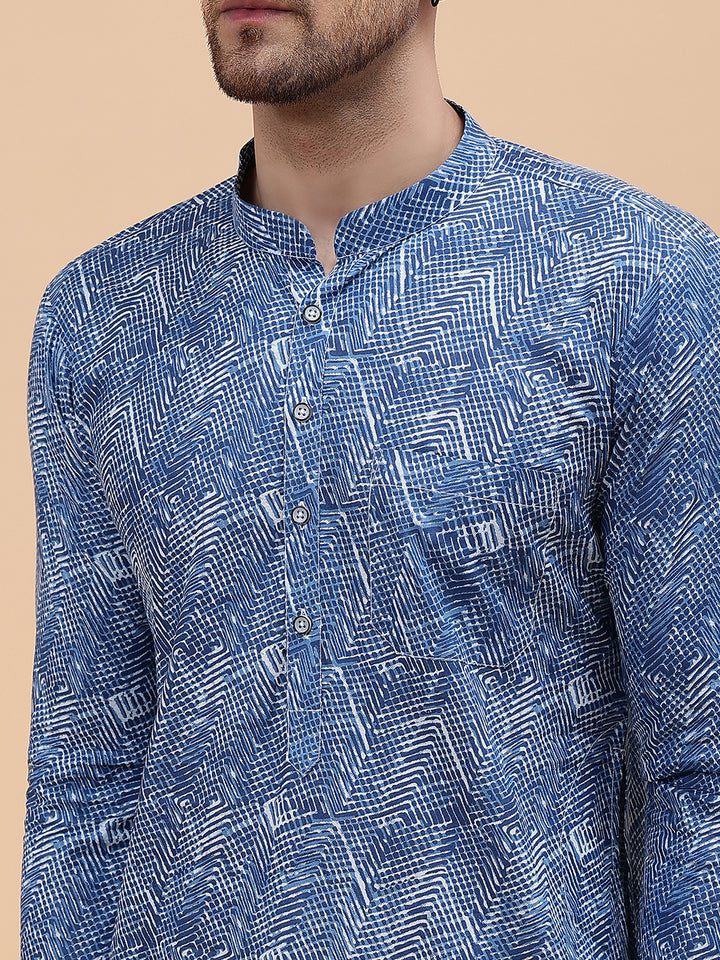 Men Blue Pure Cotton Printed Staright Kurta