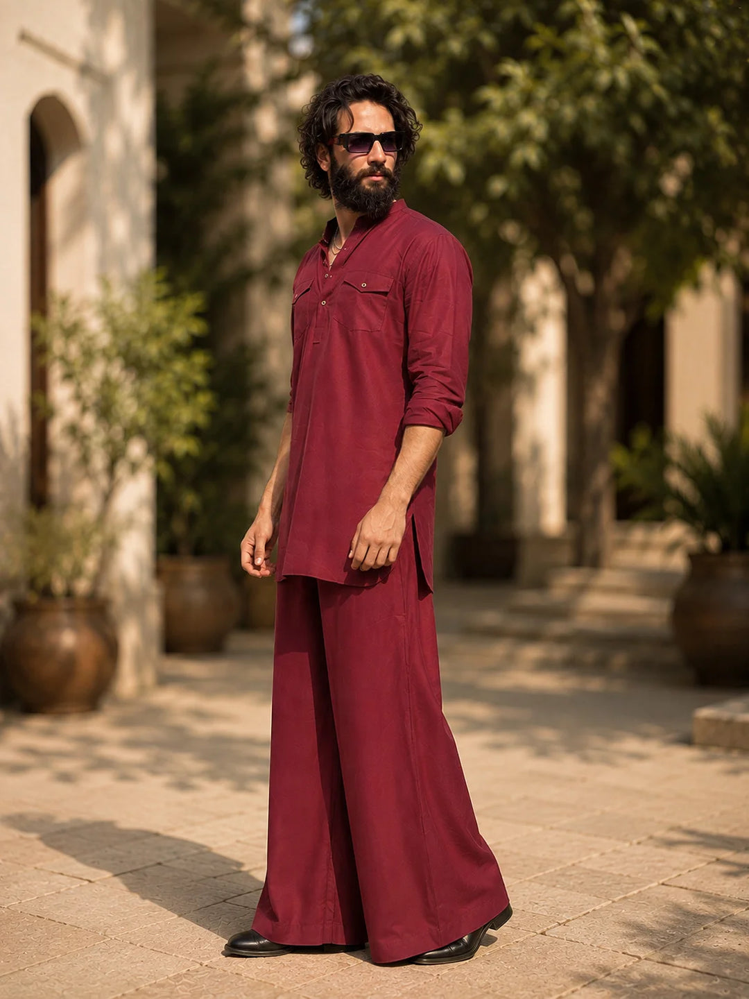 Men's Maroon Rayon Solid Pathani Set