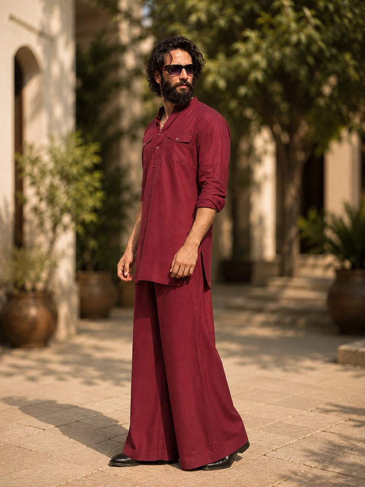 Men's Maroon Rayon Solid Pathani Set