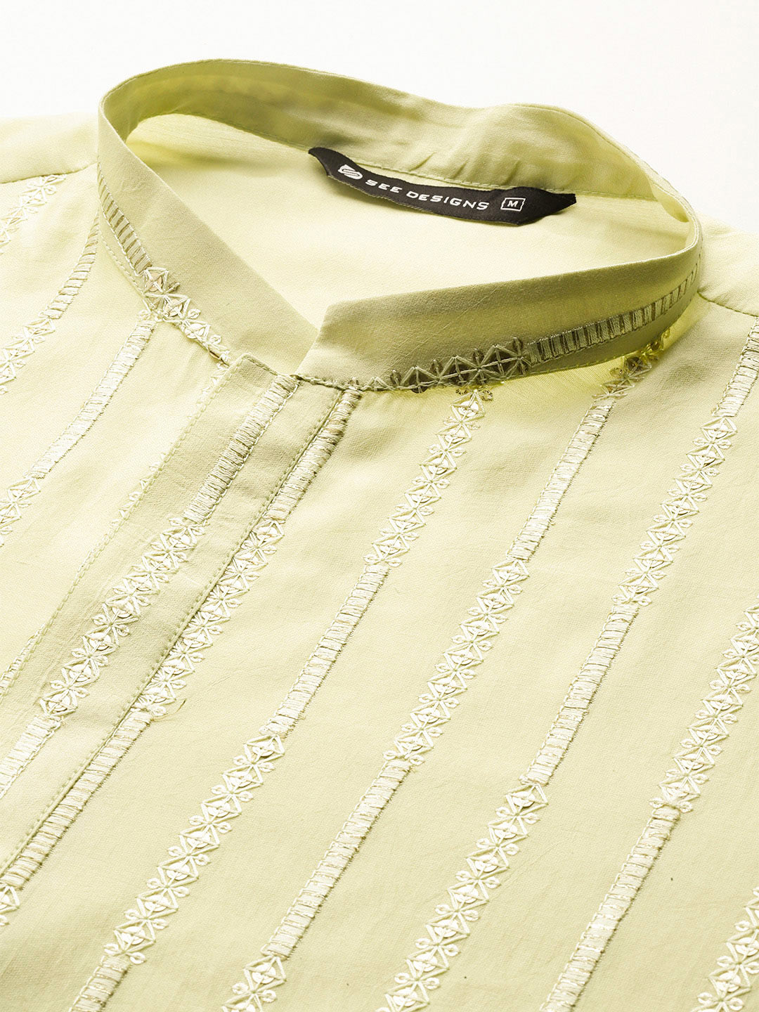 Men's Pista Green Embroidered Thread Work Sequined Chanderi Silk Kurta
